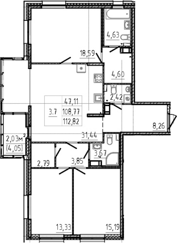 3-комнатная квартира 108.77 м², 9/14 эт., ЖК «Чёрная речка»